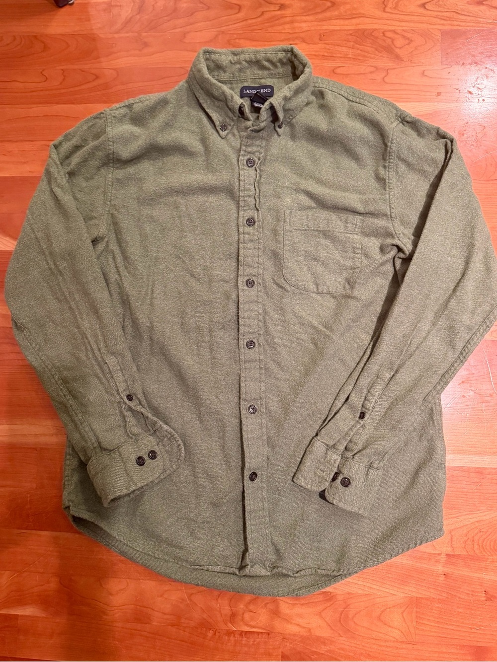Lands' End Men's Medium Olive Green Long-Sleeve Flannel Shirt – 100% Cotton